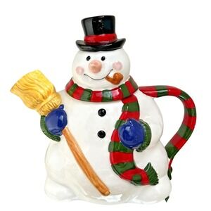 Teapot Snowman Christmas Ceramic Holiday Hand Painted Decorative Vintage Kitchen